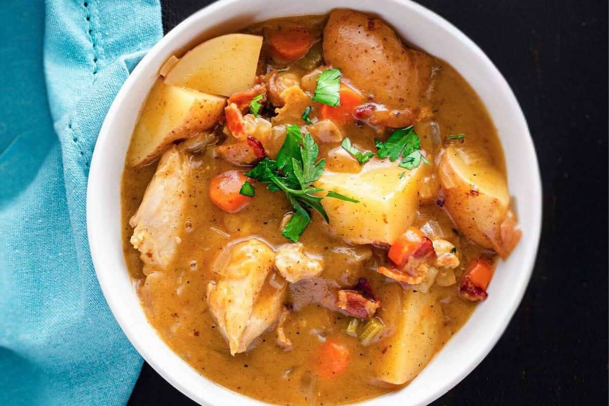 top view of a bowl with chicken stew