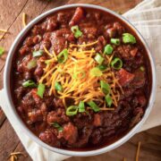 top view of beef chili in a white bowl