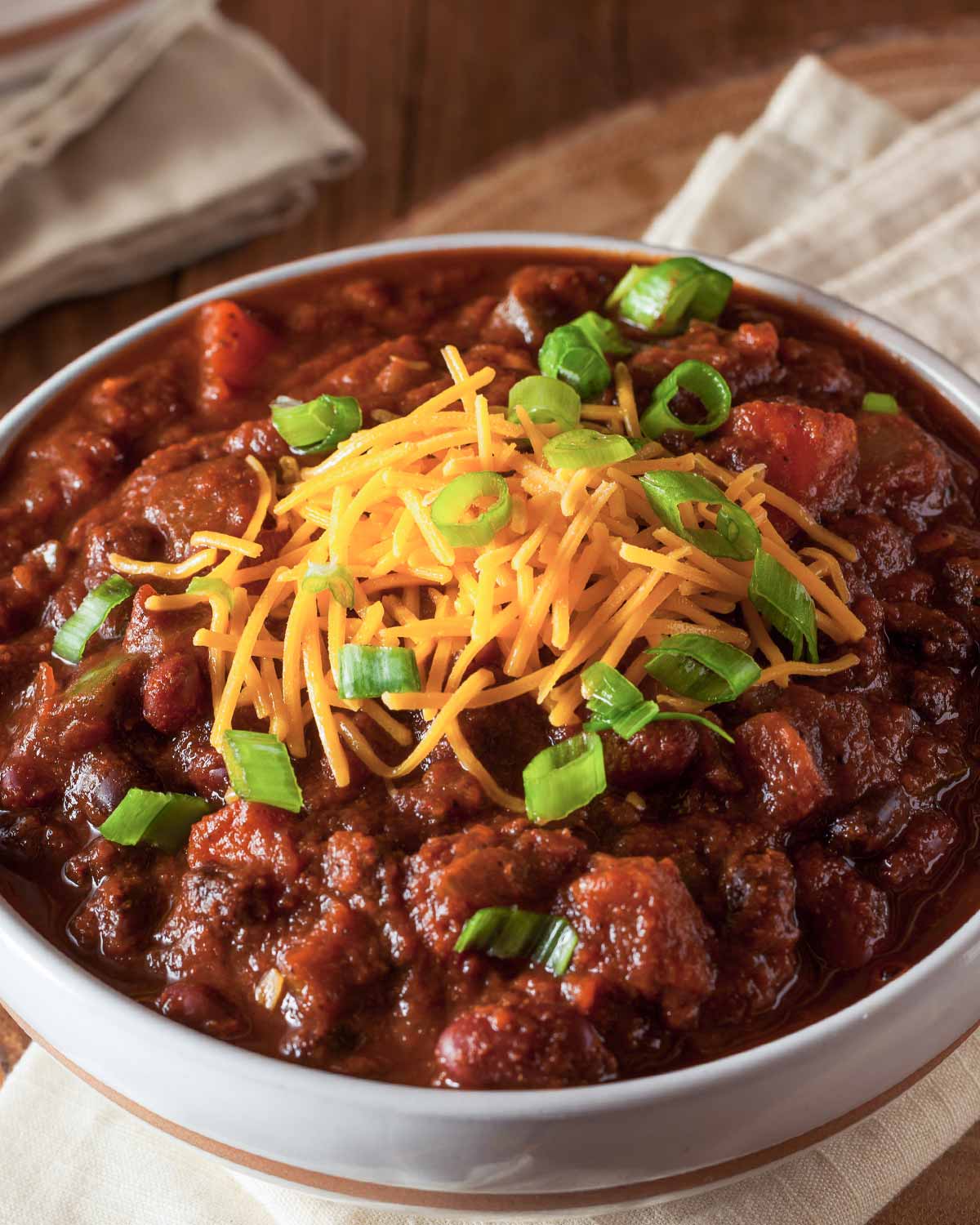 ground beef chili in a white bowl