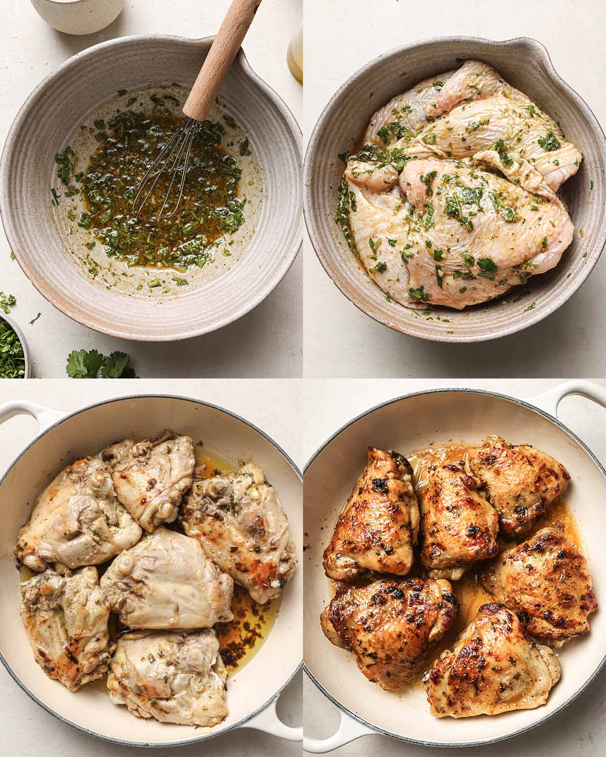 collage of four pics: top left a bowl with marinade, top right raw chicken marinated, bottom left chicken thighs, bottom right cooked chicken thighs