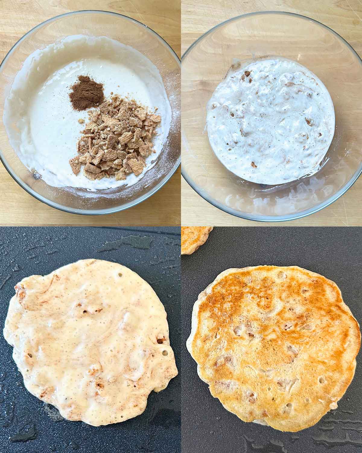 steps collage for making cinnamon toast crunch cereal pancake cereal. top left is a bowl of pancake batter with cinnamon and crushed cinnamon toast cereal. top right is that same batter with those ingredients mixed in. Bottom left is cookign the first side of the pancake on a non stick pan, and bottom right is the second side after flipping the pancake.