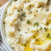 top view of mashed potatoes in a bowl