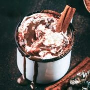 a mug of ginger hot cocoa with cinnamon sticks