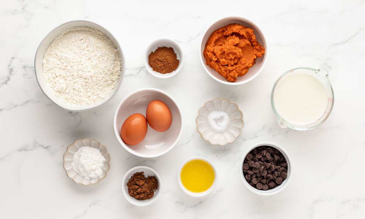 overhead view of ingredients needed to make pumpkin chocolate chip pancakes