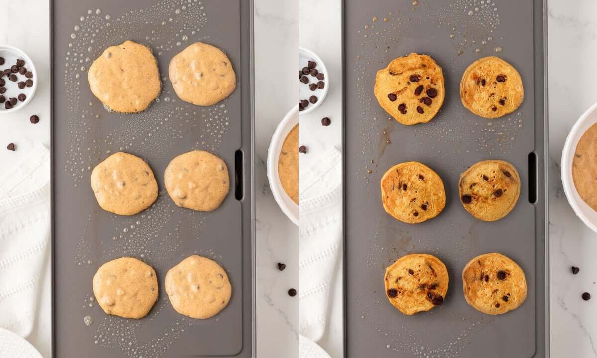 side by side image on left cooking pumpkin chocolate chip pancakes on a griddle, and on the right done cooking on the second side ready to serve