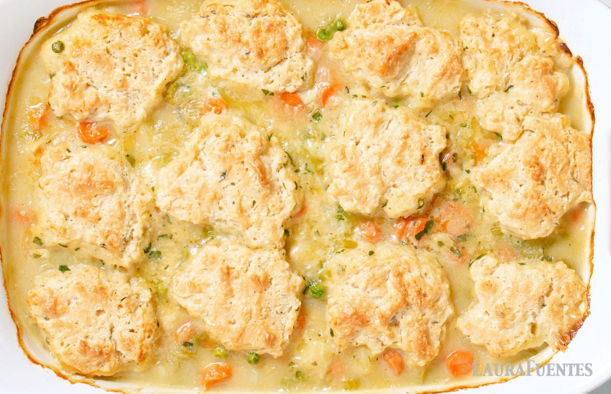 top view of rotisserie chicken and dumplings casserole