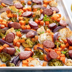 sausage and vegetables in a sheet pan
