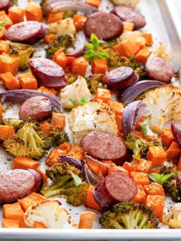 sausage and vegetables in a sheet pan