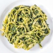 top view of pasta with spinach
