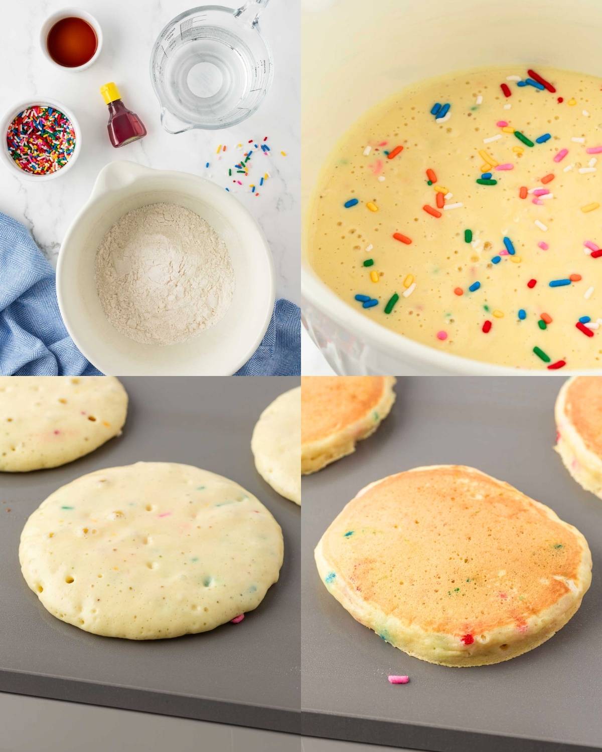 4 image collage showing (top left) the ingredients needed to make funfetti birthday cake pancakes. (top right) what the batter with sprinkles looks like, very similar to cake batter. (bottom left) cooking the first side of the pancakes on a griddle (bottom right) what the birthday pancakes with sprinkles look like cooked.
