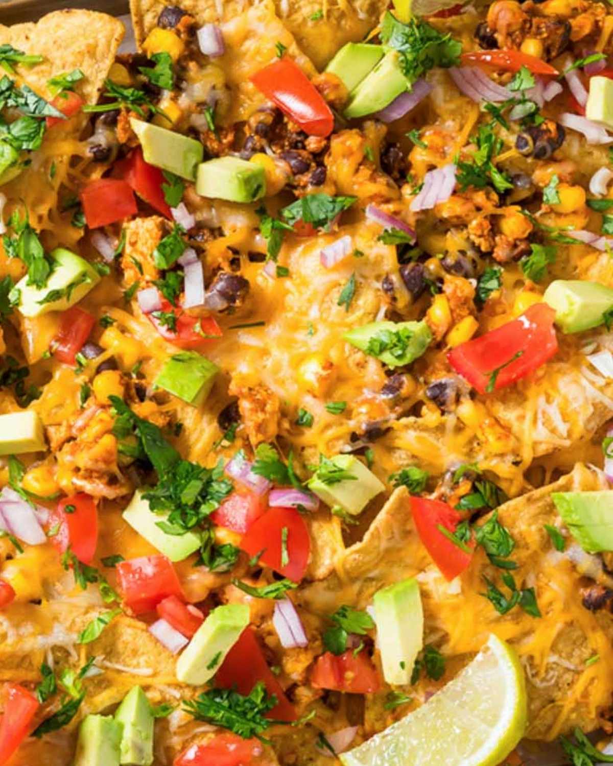 top view of sheet pan chicken nachos