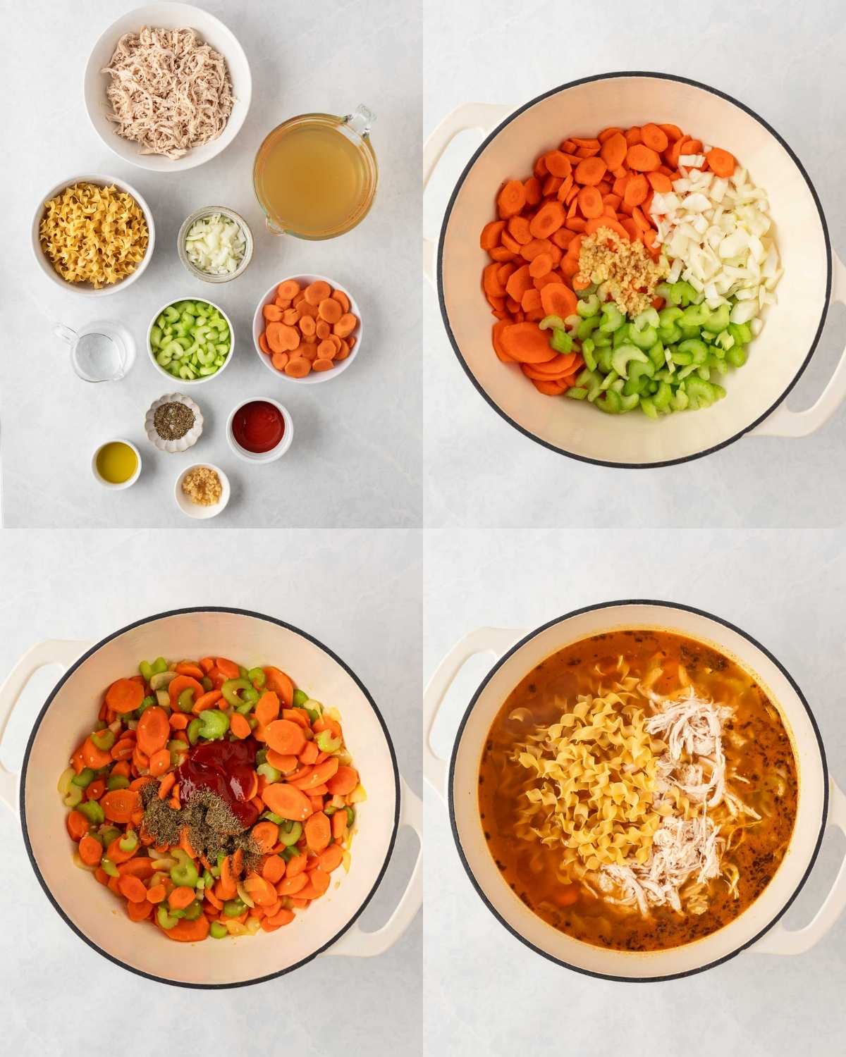 4 image collage for the ingredients and steps visuals of making spicy chicken noodle soup. Top left: ingredients for the recipe, top right: sautéing the vegetables, bottom left: adding the Sriracha to the veggies, bottom right: chicken broth, egg noodles, and cooked chicken added to the soup