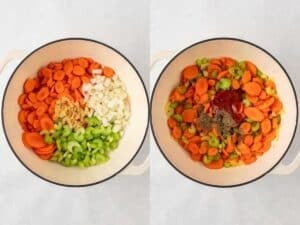 Side-by-side view of spicy chicken noodle soup preparation, showing carrots, celery, onion, and garlic added to the pot and the vegetables cooked with sriracha and seasonings.