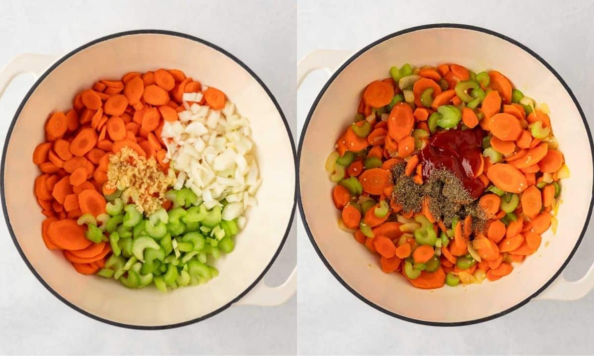 Side-by-side view of spicy chicken noodle soup preparation, showing carrots, celery, onion, and garlic added to the pot and the vegetables cooked with sriracha and seasonings.