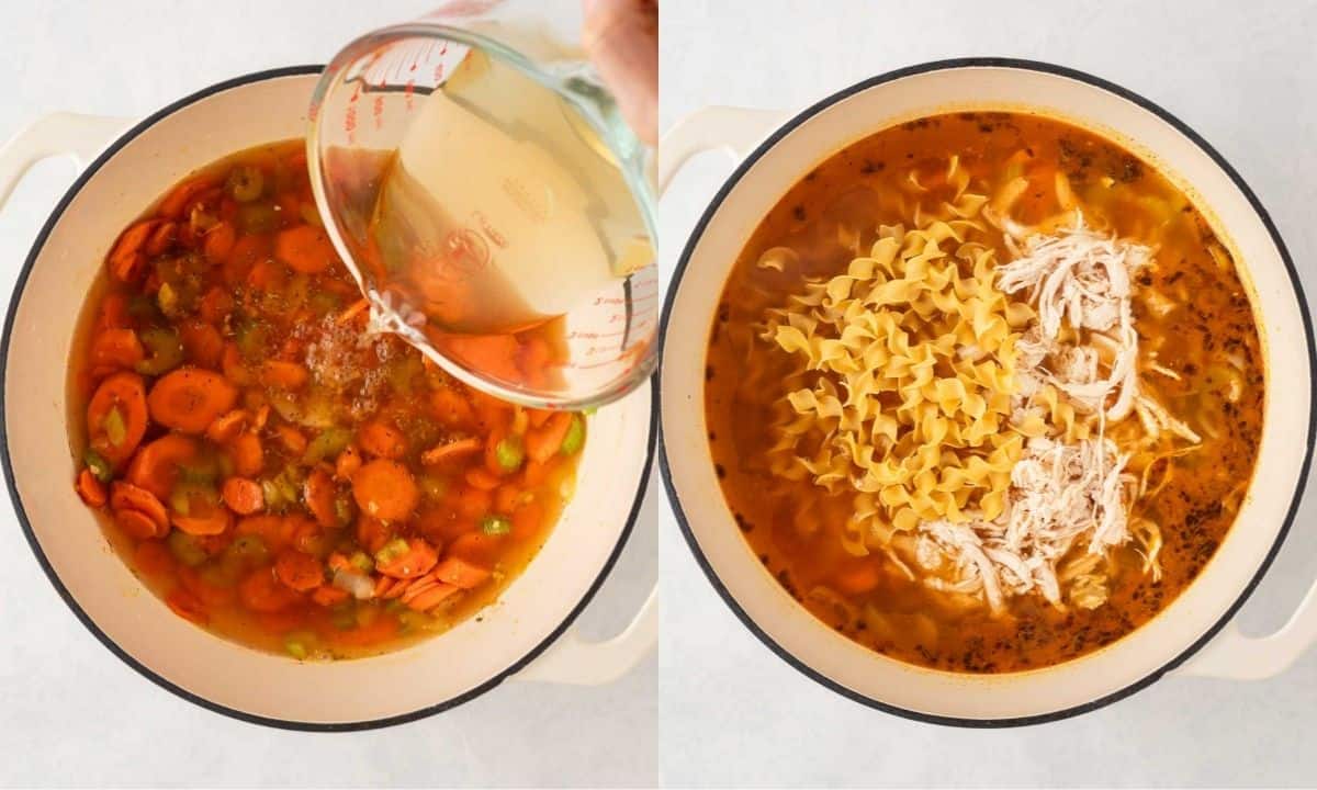 Side-by-side view of chicken noodle soup preparation, showing chicken broth added to sautéed vegetables and shredded chicken with egg noodles added to the pot.