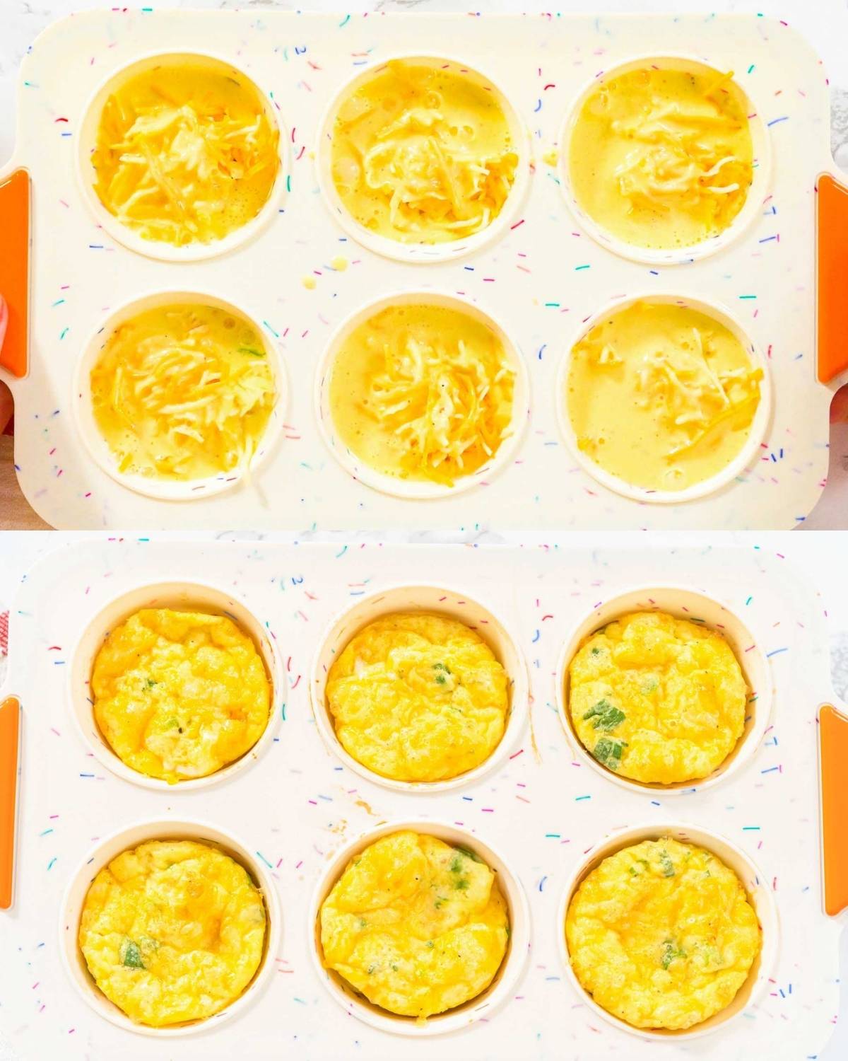 A step-by-step collage showing cottage cheese egg bites being made, with whisked egg mixture poured into a silicone muffin pan, topped with shredded cheese, then baked into fluffy golden egg bites set in the cups.