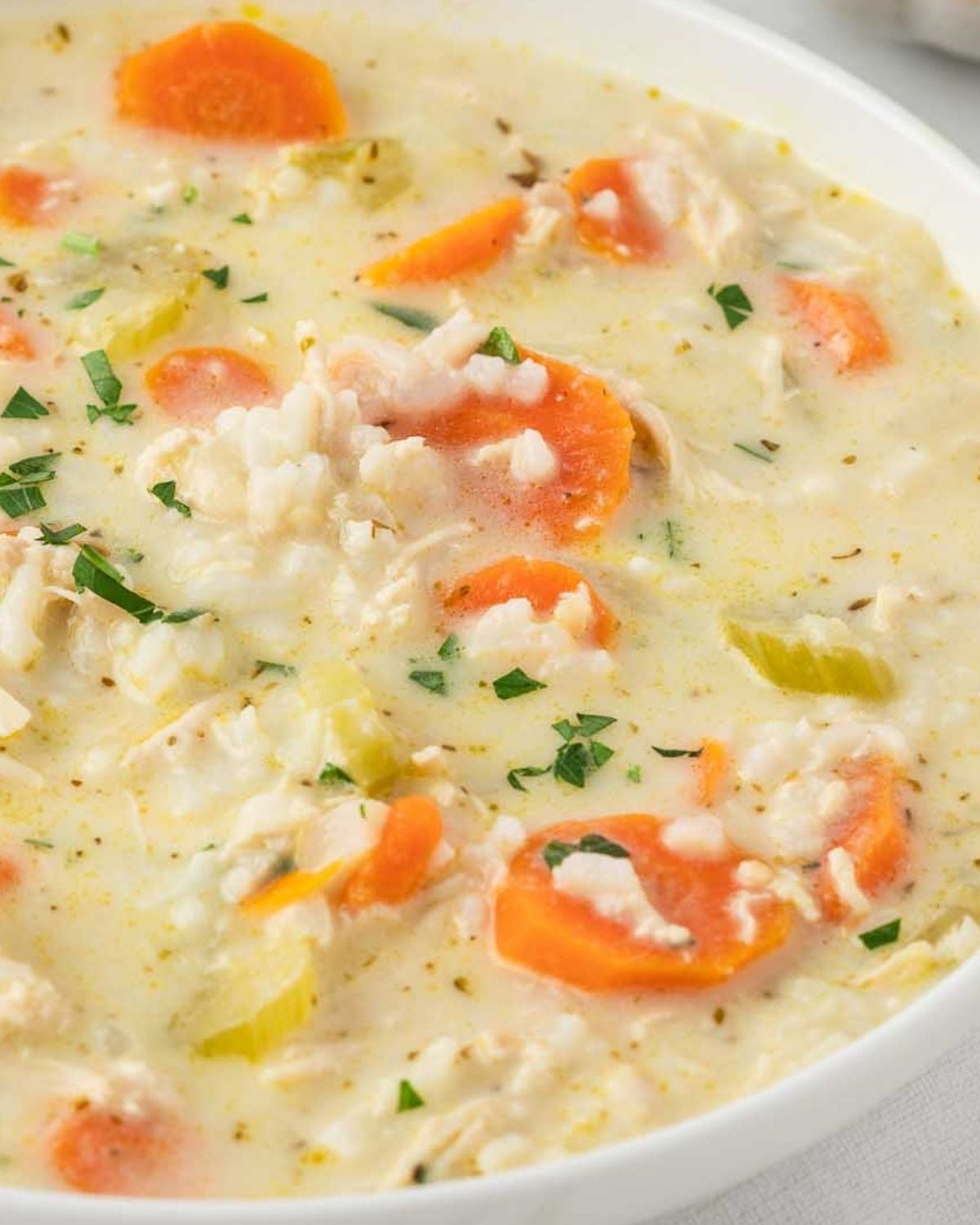 a hearty bowl of creamy chicken and rice soup. Creamy broth, rice, shredded chicken, chunky pieces of carrots