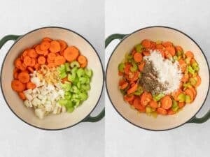 left: carrots, celery, onion and garlic in a pot; right: the same veggies sautéed with flour and seasonings