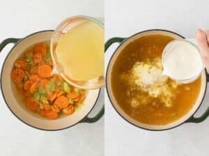 left: pouring broth into a pot with sautéed veggies; right: pouring heavy cream to the same pot