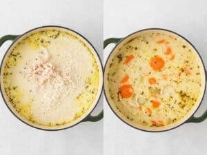 left: soup pot with shredded chicken and rice on top; left: the soup cooking in the pot