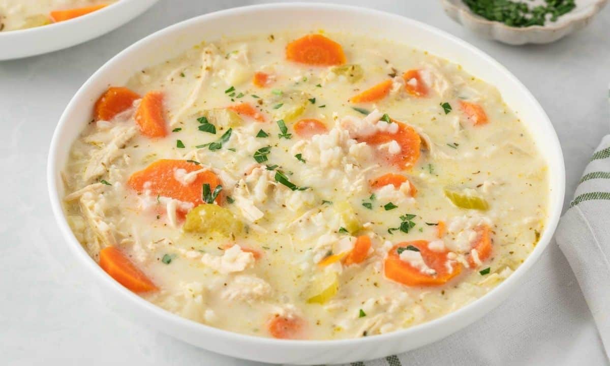 a bowl with creamy chicken and rice soup