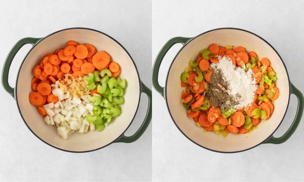 left: carrots, celery, onion and garlic in a pot; right: the same veggies sautéed with flour and seasonings