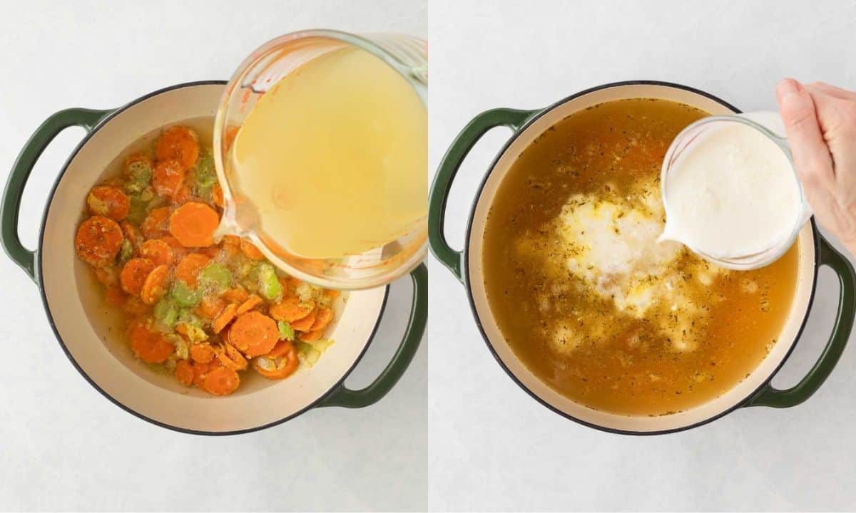 left: pouring broth into a pot with sautéed veggies; right: pouring heavy cream to the same pot