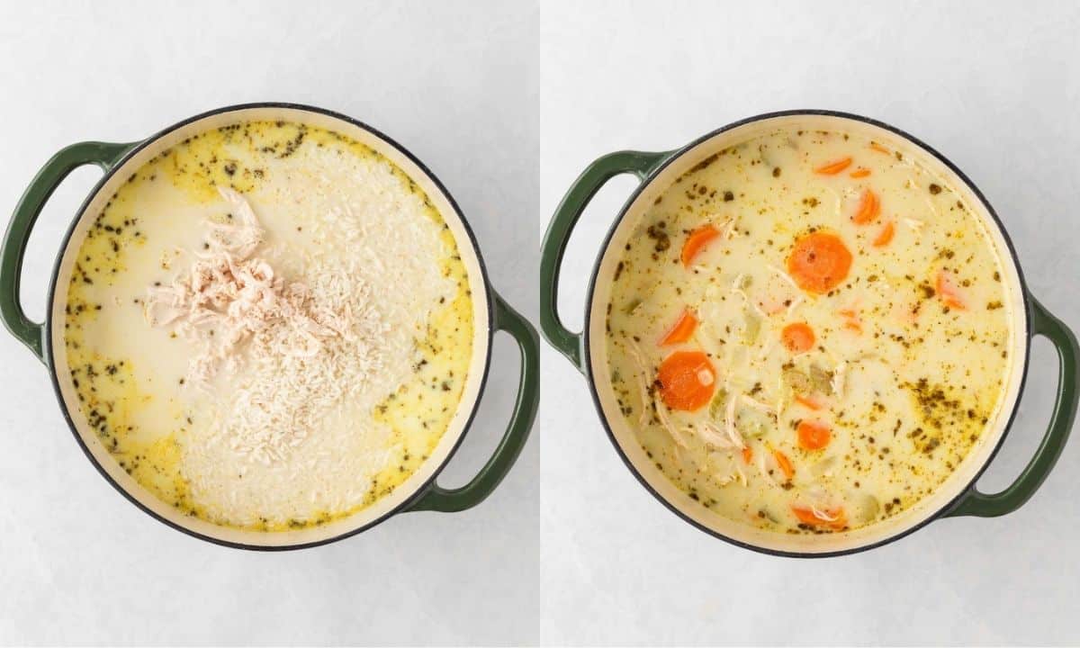 left: soup pot with shredded chicken and rice on top; left: the soup cooking in the pot