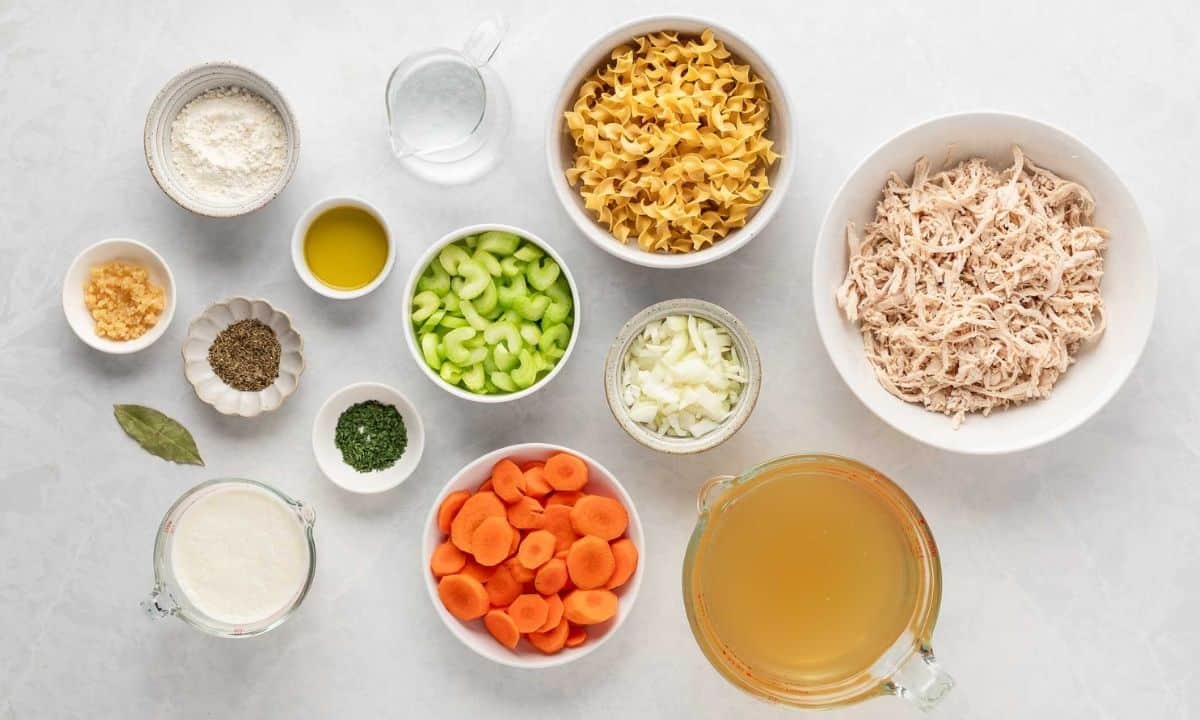 An overhead shot of ingredients for chicken noodle soup, including shredded chicken, egg noodles, chicken broth, sliced carrots, chopped celery, and onions, seasonings in separate bowls.