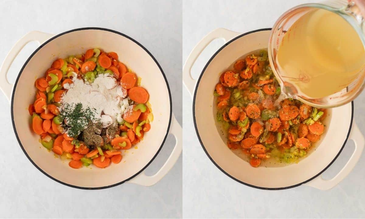 left: a pot with sauteed veggies with seasonings; right: adding the broth to that same pot