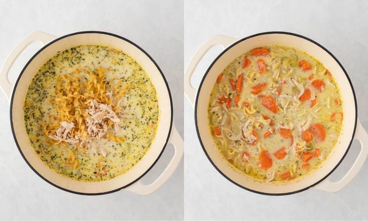 left: cream, chicken, and noodles just added to the pot to finish cooking; right: the soup simmering in the pot