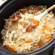 overhead view of chicken noodle soup in a slow cooker
