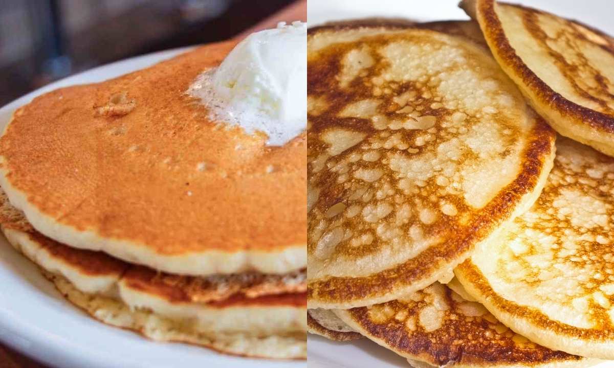 two images side by side. left shows a smooth top pancake stack and on the right pancakes with circles from being cooked in butter