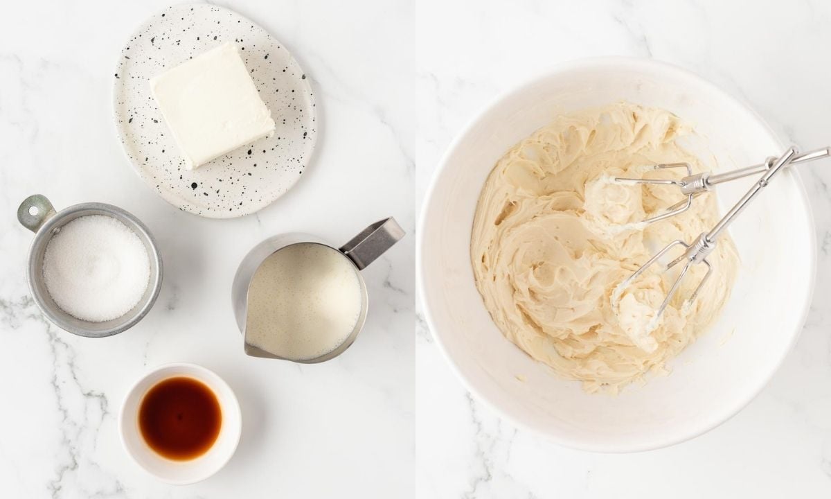 2 image collage of ingredients (on left) and whipped cream cheese frosting (on right)