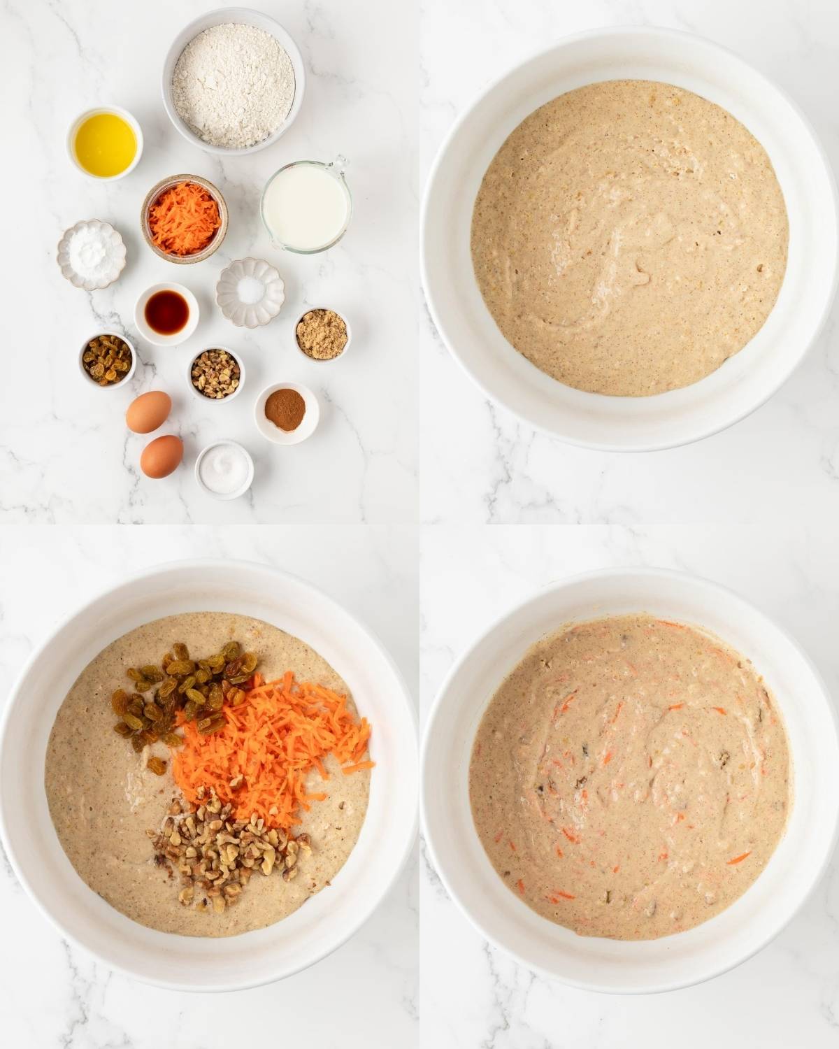 4 image collage for carrot cake pancakes recipe. Top left is an overhead view of all the ingredients for the recipe. Top right is the batter bowl. Bottom left is the batter bowl with the added mix-ins, and bottom right is the finished batter ready to cook