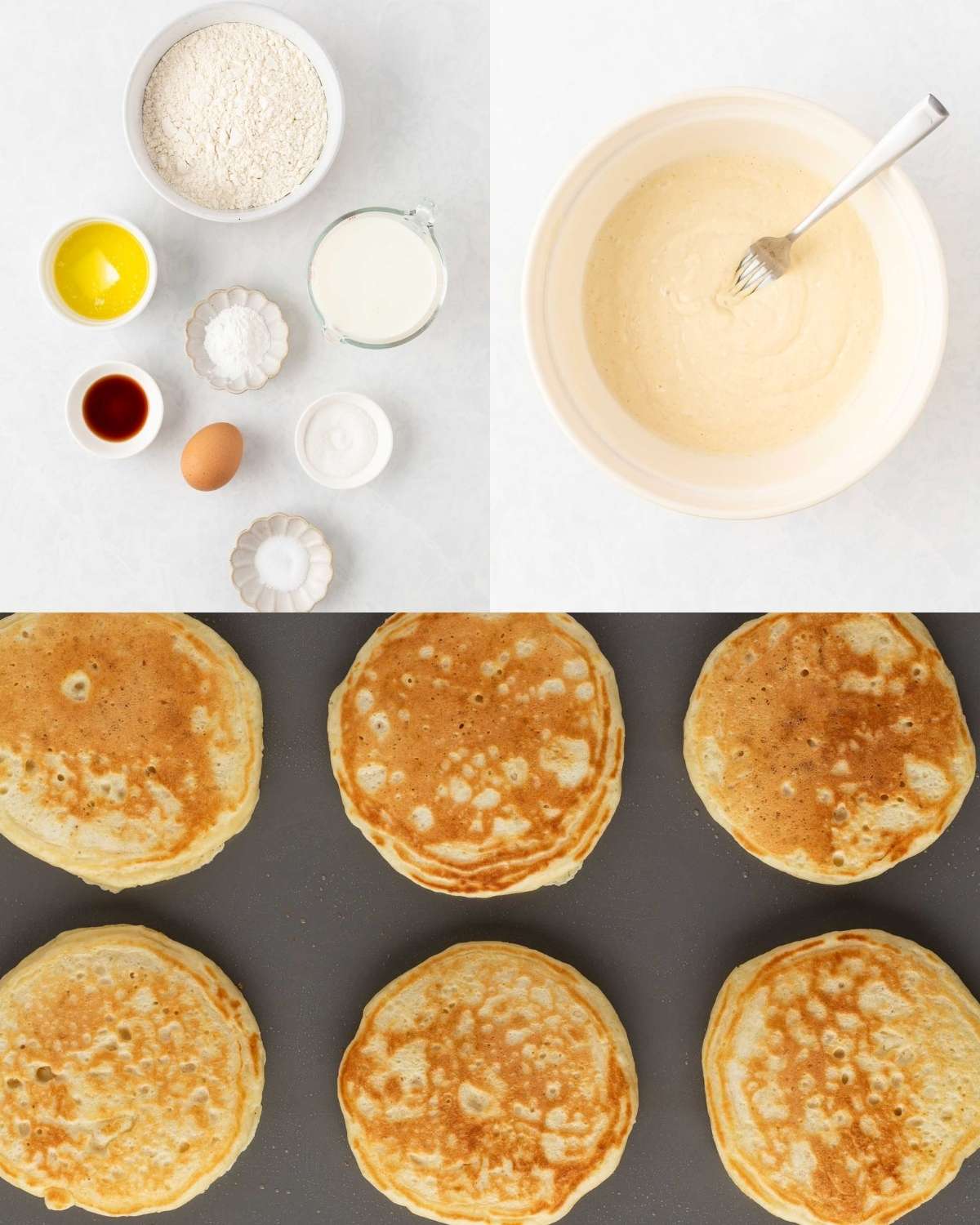 3 image collage. Top row left image has the ingredients needed to make pancakes for two. On the top right is a batter bowl, and bottom row is an overhead view of six pancakes on a griddle.