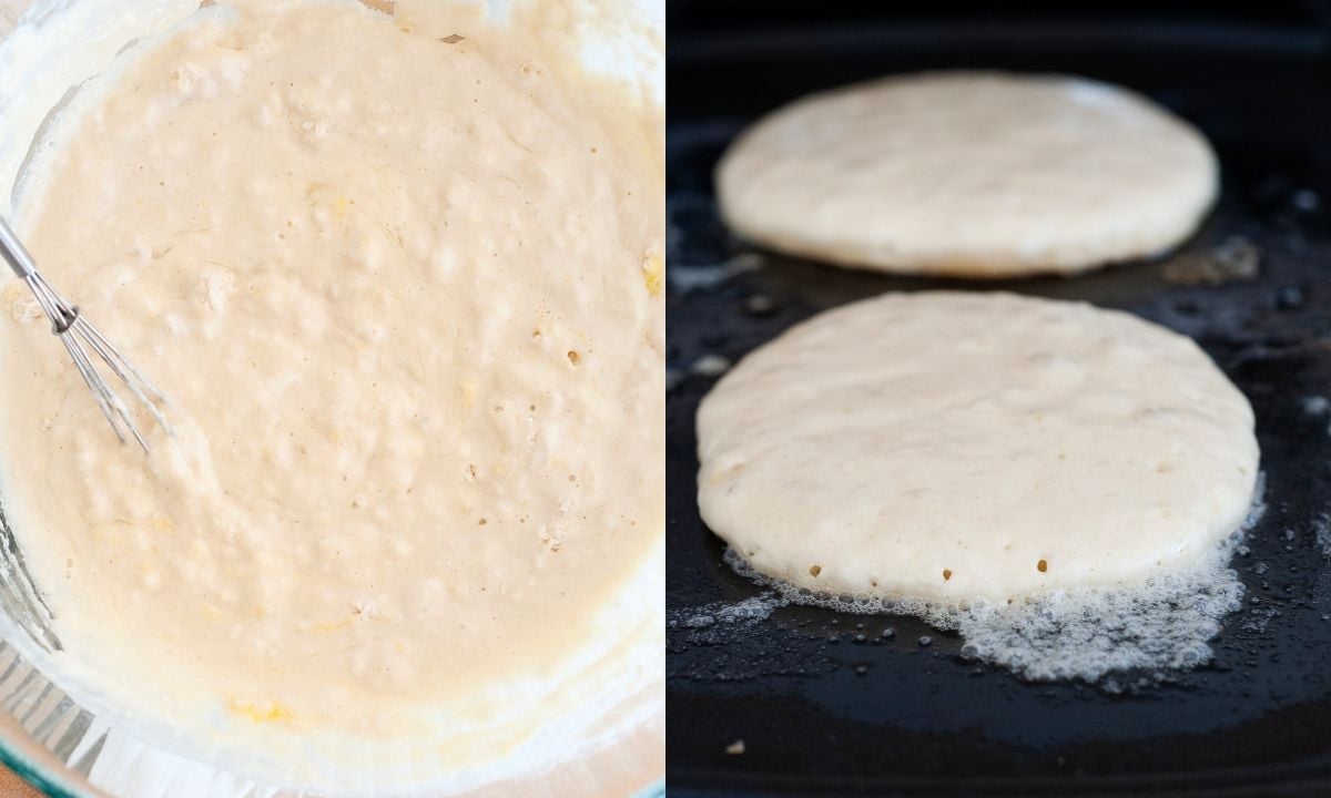 2 image collage. Left is a bowl of pancake batter made with sour cream and on the right is an image of the pancakes cooking on a griddle.