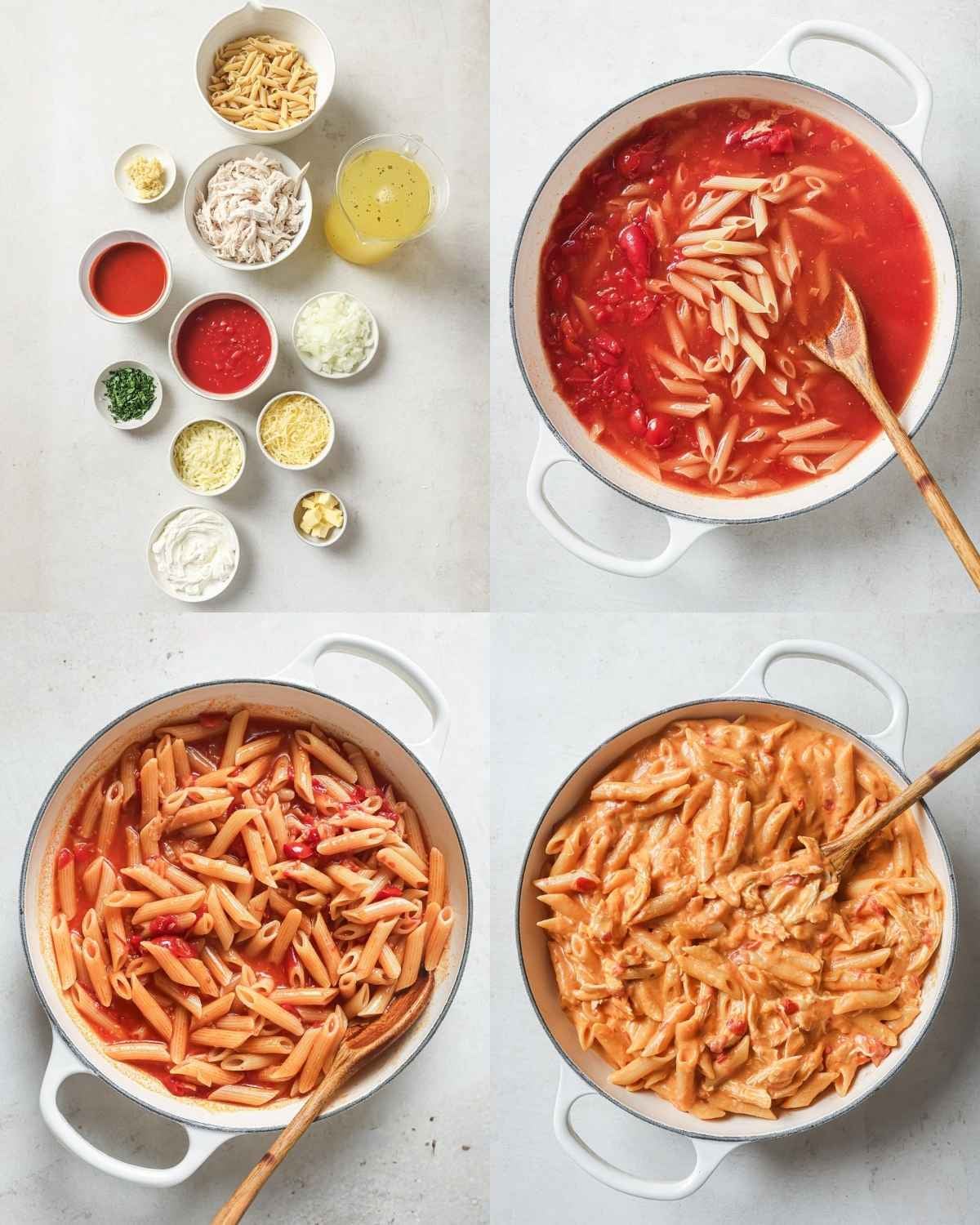Top left: uncooked penne, shredded chicken, chicken broth, buffalo sauce, diced tomatoes, chopped onion, garlic, shredded cheese, cream cheese, butter, and parsley in small bowls. Top right: a pot with penne and buffalo tomato sauce. Bottom left: pasta cooking as the sauce thickens. Bottom right: shredded chicken and cheeses stirred in.