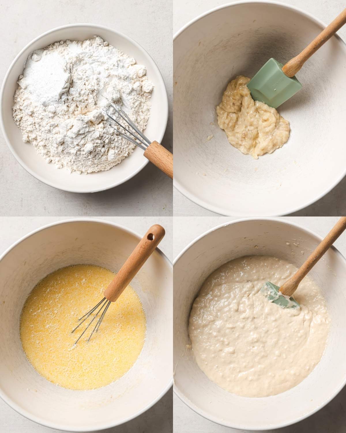 steps to make gluten-free banana pancakes in a 4 image collage. top left dry ingredients bowl. top right mashed banana in a bowl. bottom left has the liquid ingredients and bottom right the batter in the bowl
