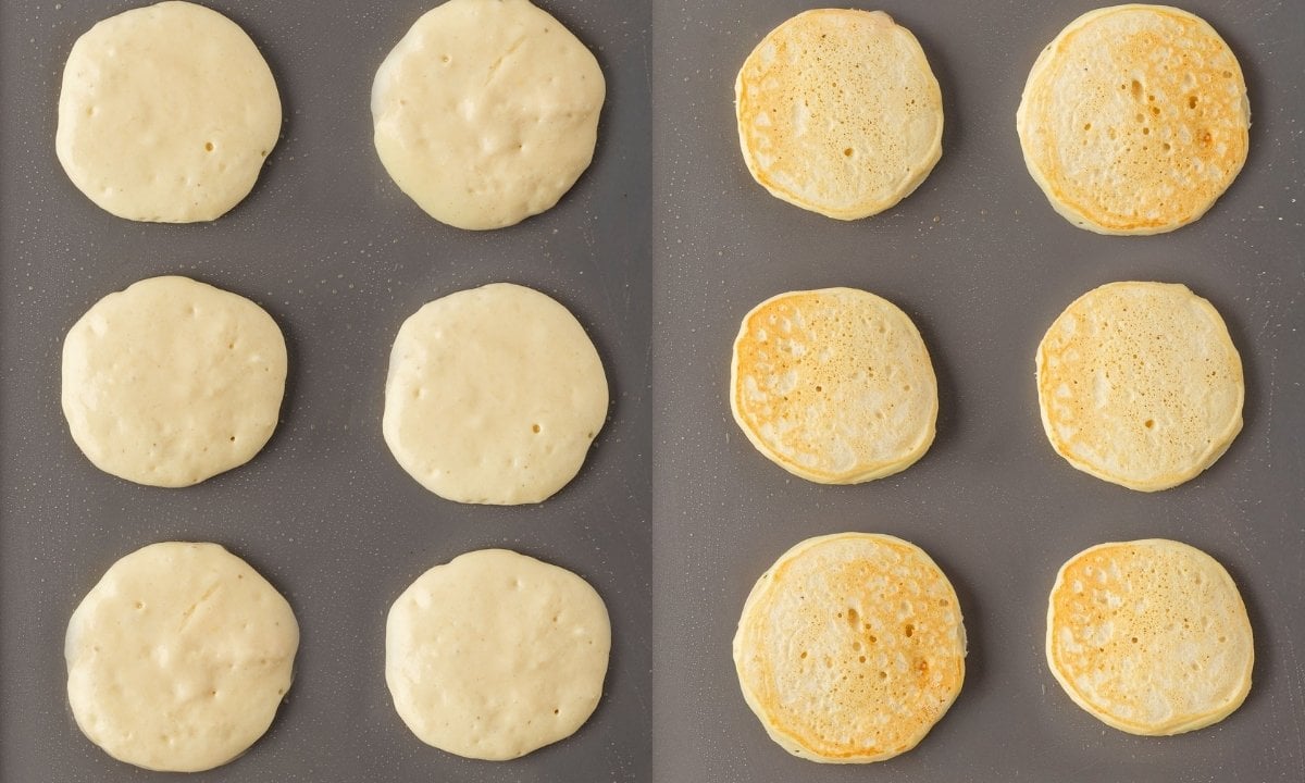 two image collage of cooking lemon ricotta pancakes. First side on left image and after flipping on the right.