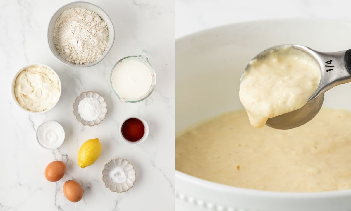two image collage. on left ingredients to make lemon ricotta pancakes. on the right, a closeup of the lemon ricotta batter.