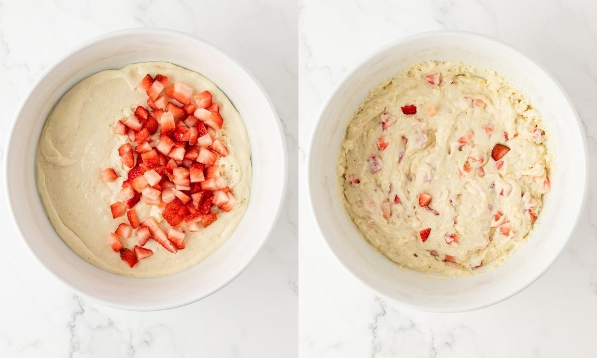 two image collage of strawberry pancake batter. On left is the batter with diced strawberries on top and on the right, the batter mixed.
