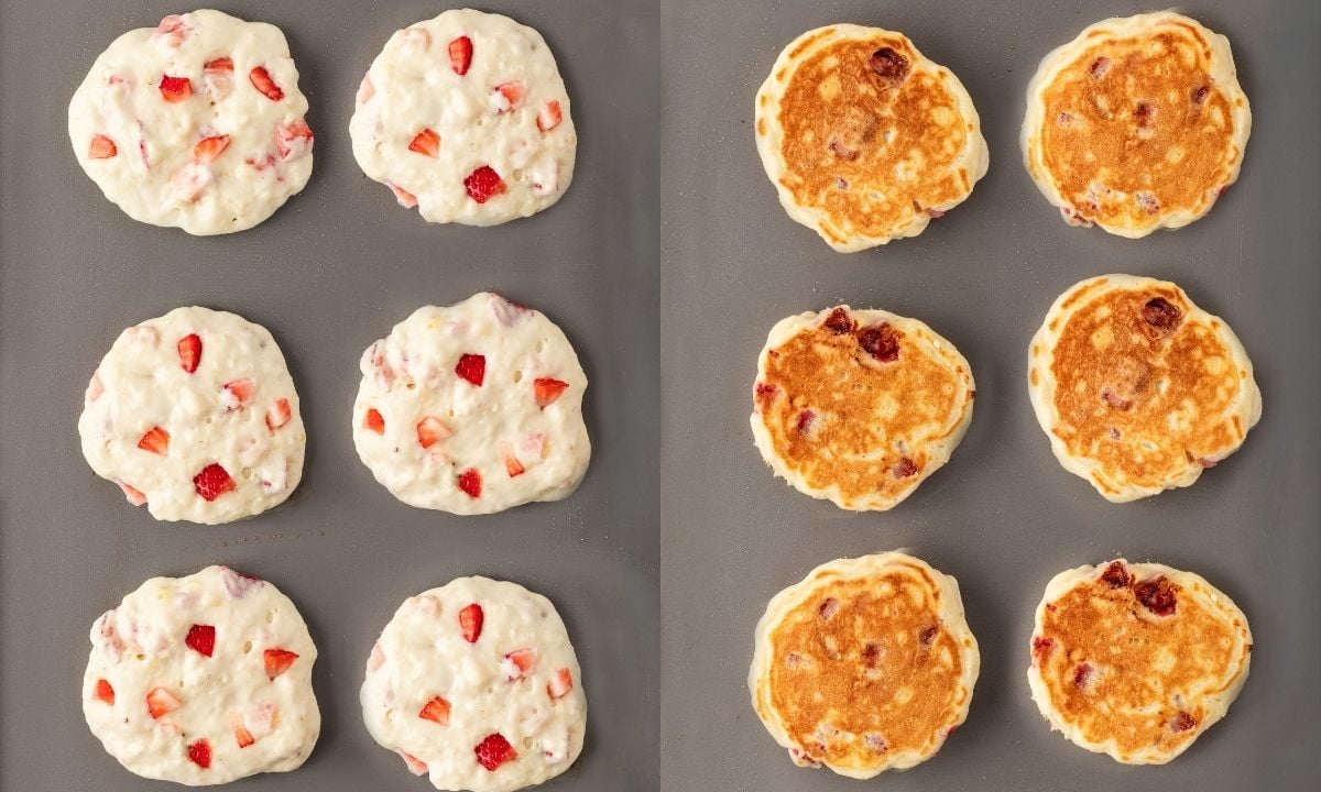 Two image collage of strawberry pancakes. On left, cooking on the griddle on the first side, on the right, after flipping.