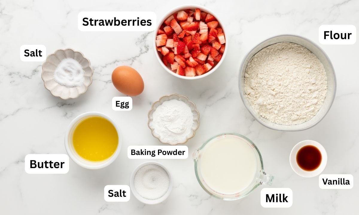 overhead view of ingredients needed to make this easy strawberry pancakes recipe.
