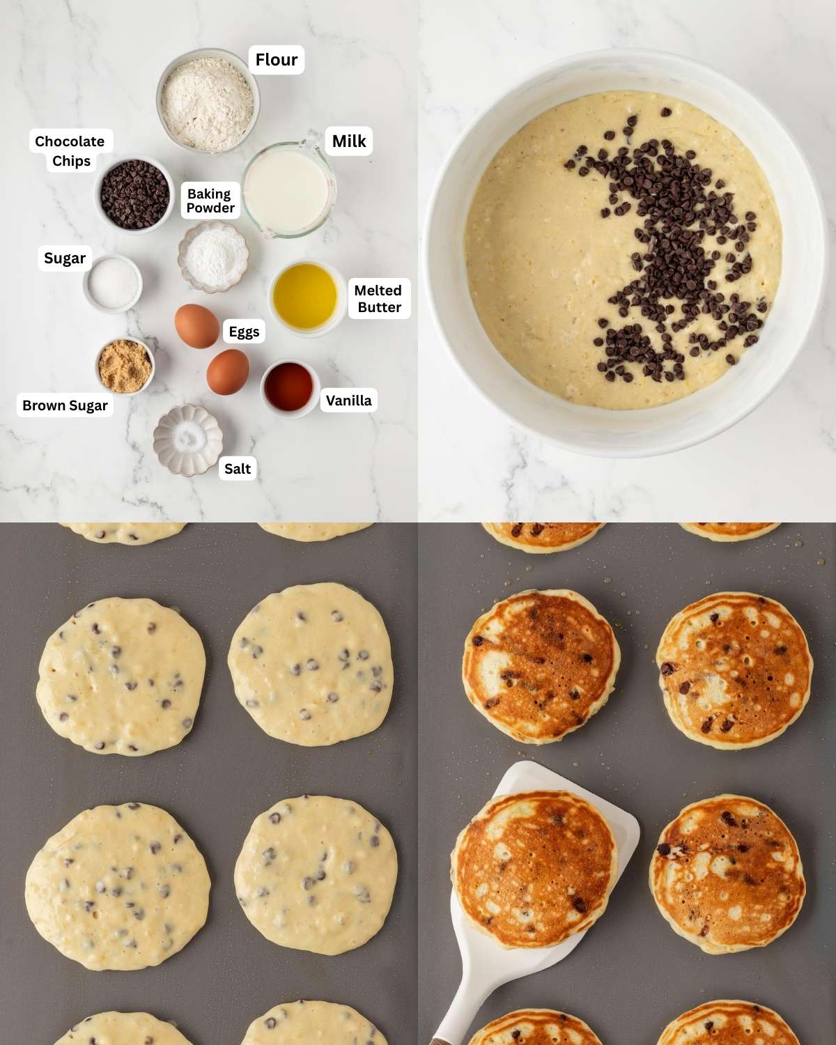 4 image collage of how to make cookie pancakes with chocolate chips. Top left are all the ingredients labeled. Top right is the mixed batter in a bowl with chocolate chips. bottom left are pancakes cooking on first side and bottom right are the finished pancakes being taken off the griddle with a spatula