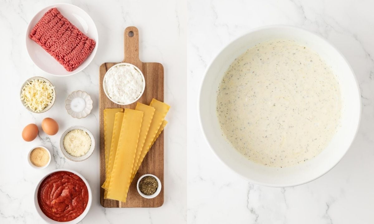 Left: raw ground turkey, lasagna noodles on a wooden board with ricotta cheese and black pepper, bowls with shredded mozzarella, parmesan, eggs, salt, garlic powder, and marinara sauce.
Right: large bowl with cheese mix