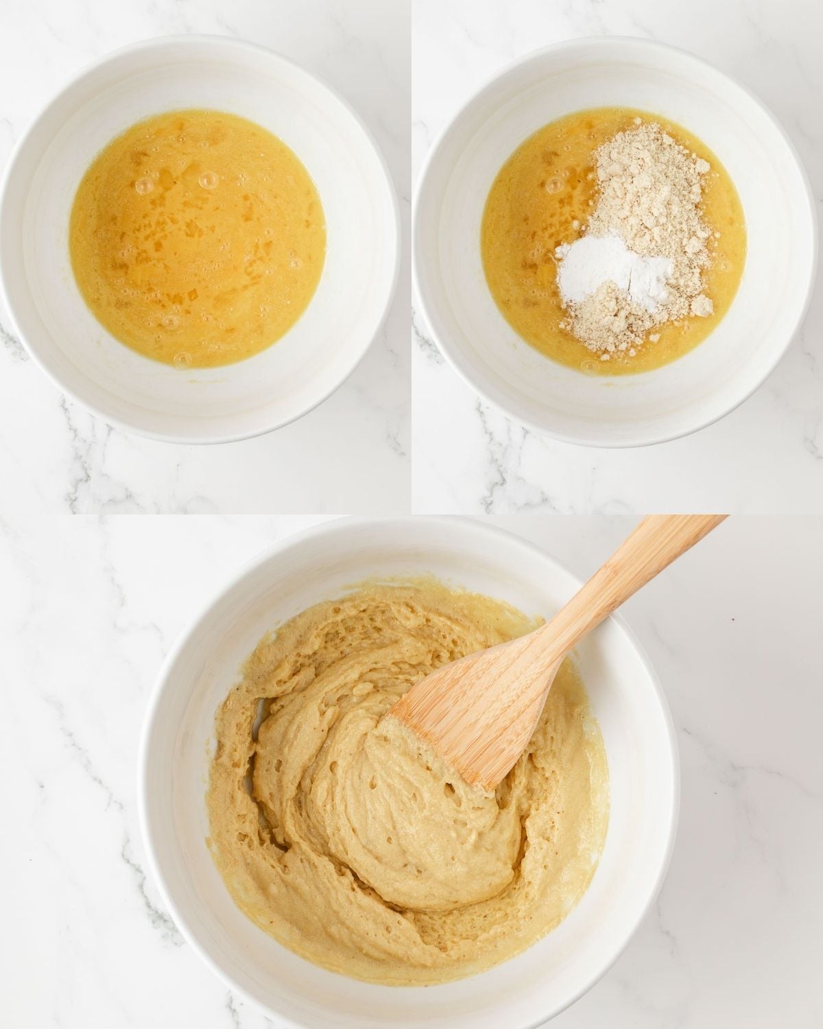 3 image collage for making almond flour pancake batter. top left is mixing the liquids only. Then top right you add the dry ingredients, and at the bottom is the finished batter.