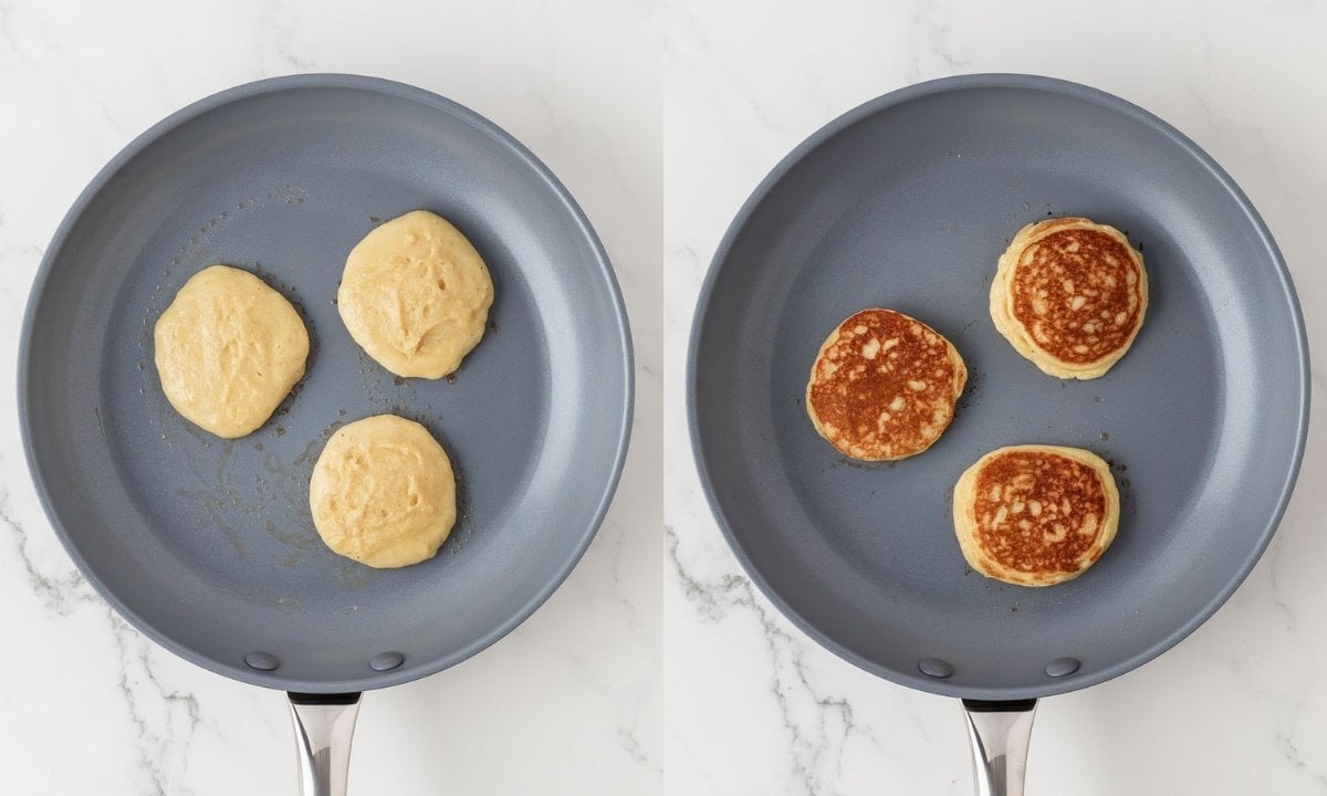 side by side of cooking almond flour pancakes on a pan. on left is first side and on right is after flipping the pancakes over.