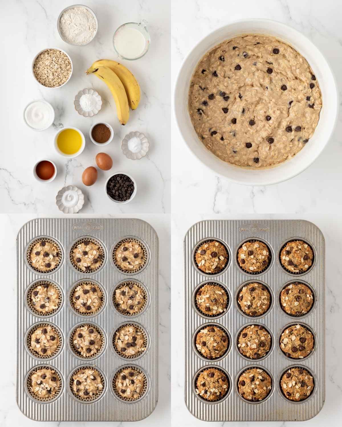 4 image collage for a chocolate chip banana oatmeal muffins recipe. Top left is an overhead of ingredients. Top right is a bowl of mixed batter. Bottom left is muffin tin filled with batter. Bottom right are finished baked muffins