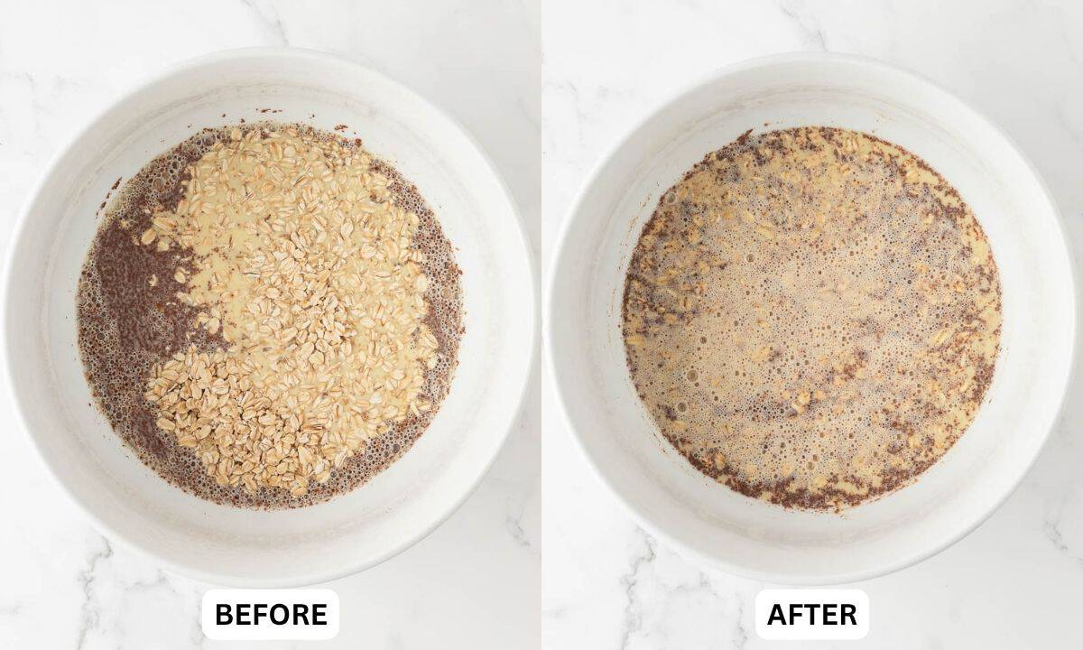 before and after image of oats soaking in liquid pancake ingredients